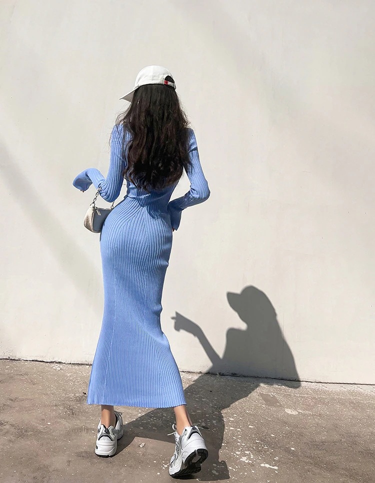 INSスタイル タイトスカート 欧米風 セクシー ニットワンピース ハイウエスト ギャル 修身 タイト フィッシュテールワンピース セーターワンピース ホーンスリーブ