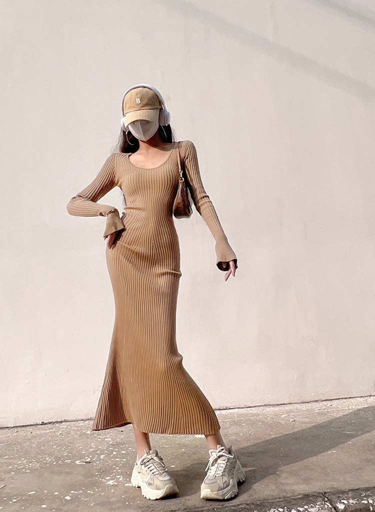 INSスタイル タイトスカート 欧米風 セクシー ニットワンピース ハイウエスト ギャル 修身 タイト フィッシュテールワンピース セーターワンピース ホーンスリーブ