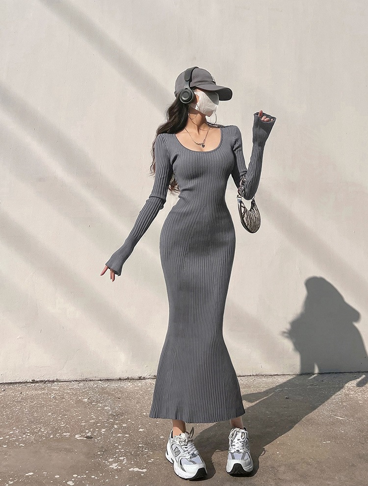 INSスタイル タイトスカート 欧米風 セクシー ニットワンピース ハイウエスト ギャル 修身 タイト フィッシュテールワンピース セーターワンピース ホーンスリーブ