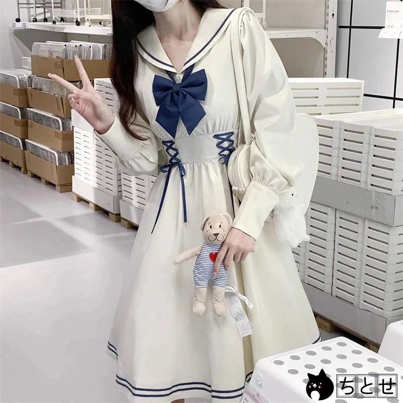ワンピース 春 秋 夏 ネクタイ付き 長袖と半袖2タイプ セーラー服 リボン プリ―ツスカ―ト Aライン
