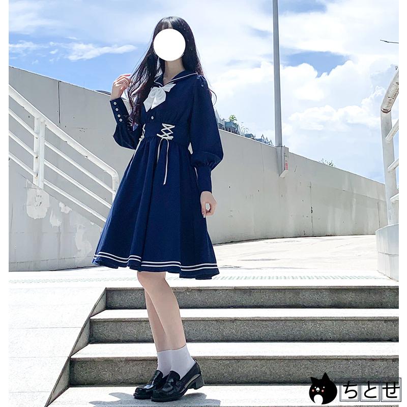 ワンピース 春 秋 夏 ネクタイ付き 長袖と半袖2タイプ セーラー服 リボン プリ―ツスカ―ト Aライン