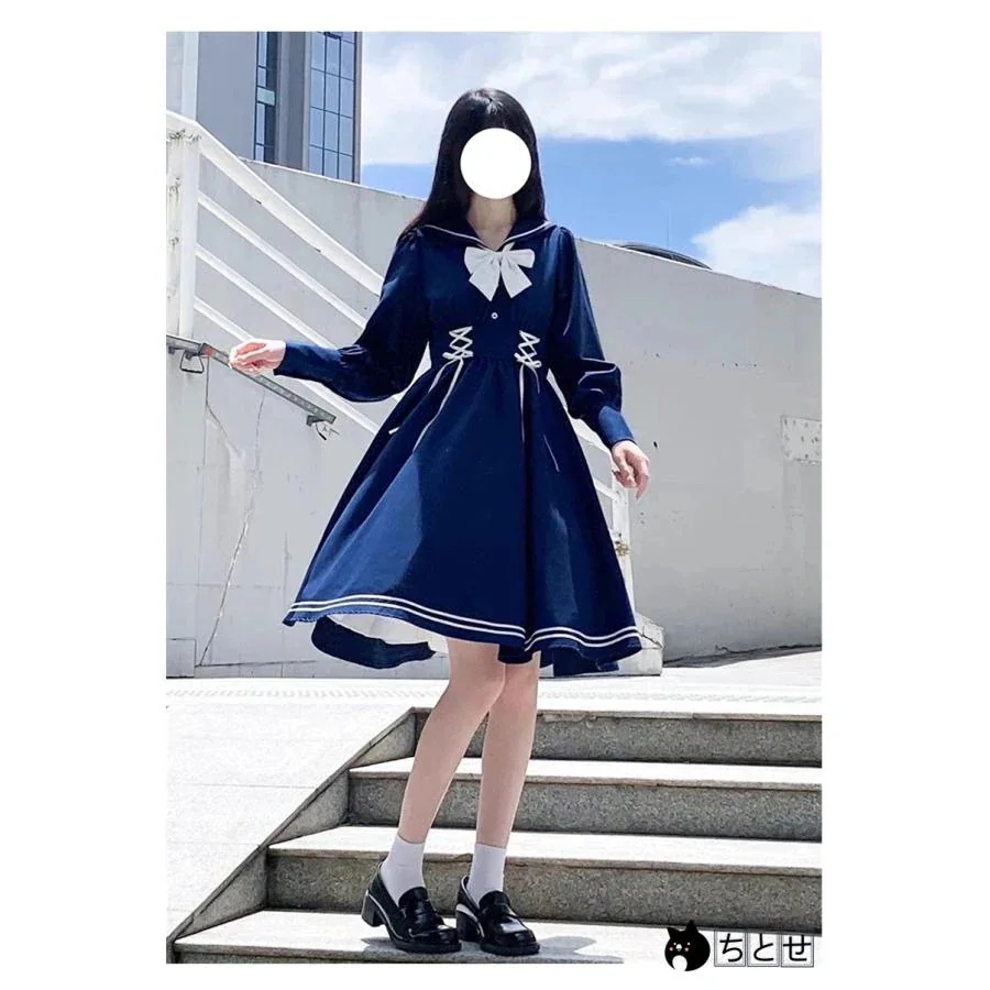 ワンピース 春 秋 夏 ネクタイ付き 長袖と半袖2タイプ セーラー服 リボン プリ―ツスカ―ト Aライン