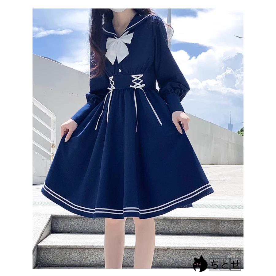 ワンピース 春 秋 夏 ネクタイ付き 長袖と半袖2タイプ セーラー服 リボン プリ―ツスカ―ト Aライン