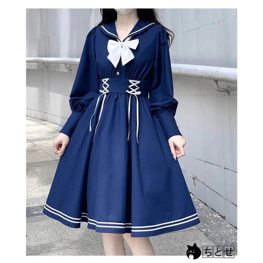 ワンピース 春 秋 夏 ネクタイ付き 長袖と半袖2タイプ セーラー服 リボン プリ―ツスカ―ト Aライン