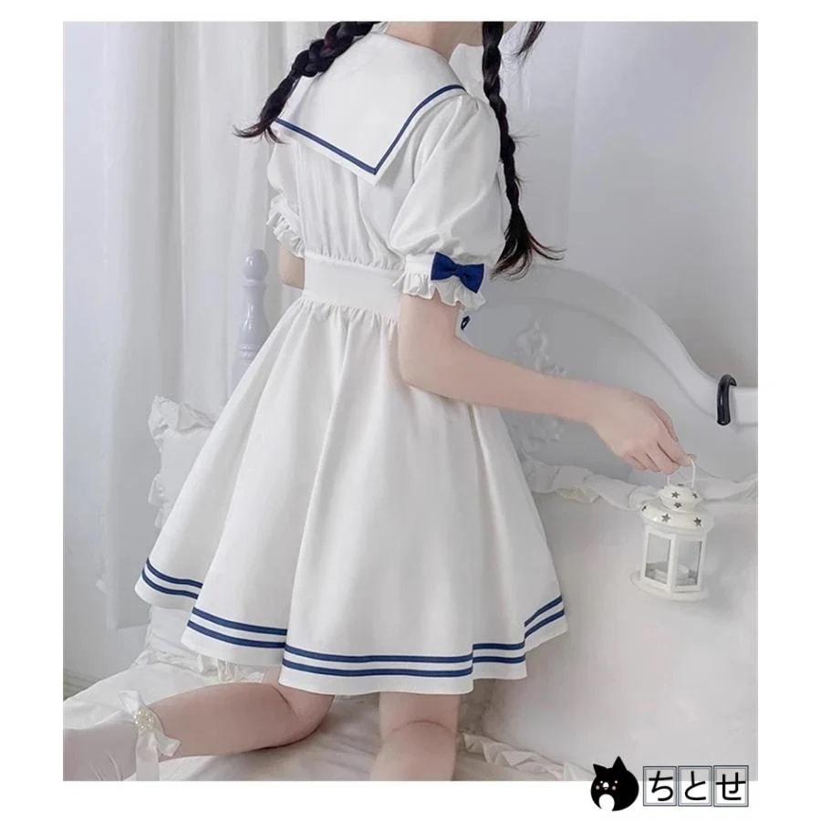 ワンピース 春 秋 夏 ネクタイ付き 長袖と半袖2タイプ セーラー服 リボン プリ―ツスカ―ト Aライン