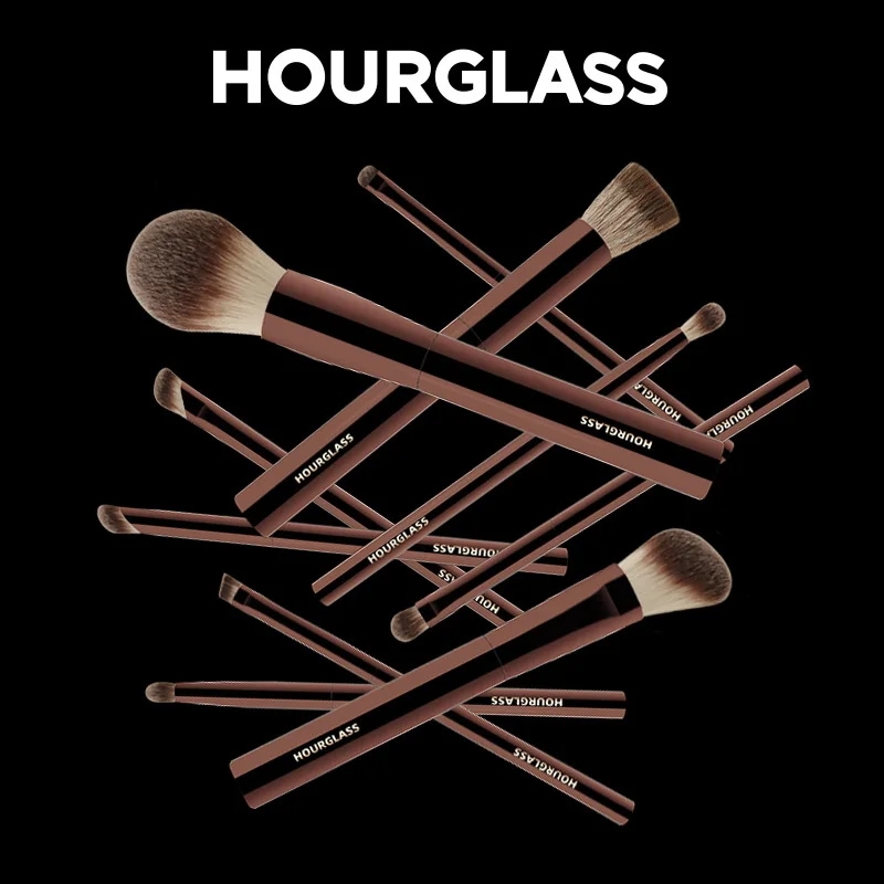 Hourglass-パウダーとアイシャドウ用のメイクブラシ,日曜大工,スクイーズストラップ,イルミネーションシャドウ,化粧品バッグ付き眉ブラシ,10個/セット