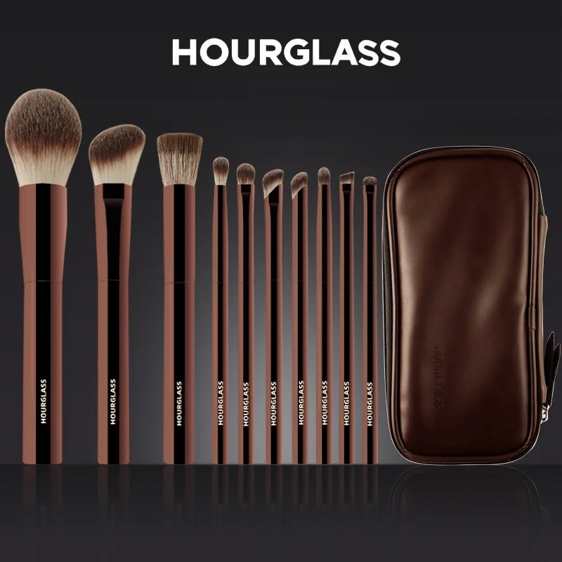 Hourglass-パウダーとアイシャドウ用のメイクブラシ,日曜大工,スクイーズストラップ,イルミネーションシャドウ,化粧品バッグ付き眉ブラシ,10個/セット