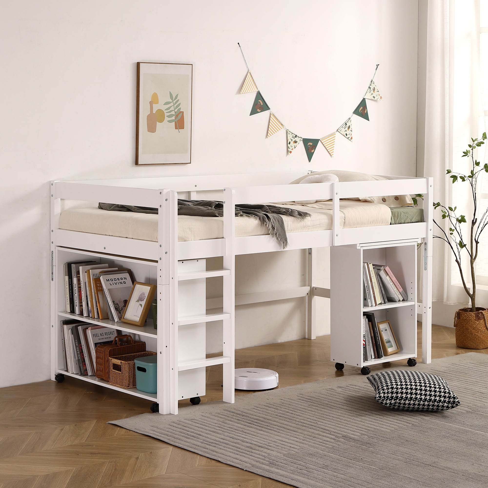 国内発送！【10cm厚さマットレス付き】システムベッド ロフトベッド 木製 シングル ベッド ロータイプ ベッド デスク 本棚 机付き 学習机 コンパクト 本棚付き 木製ベッド 天然木 収納 子供