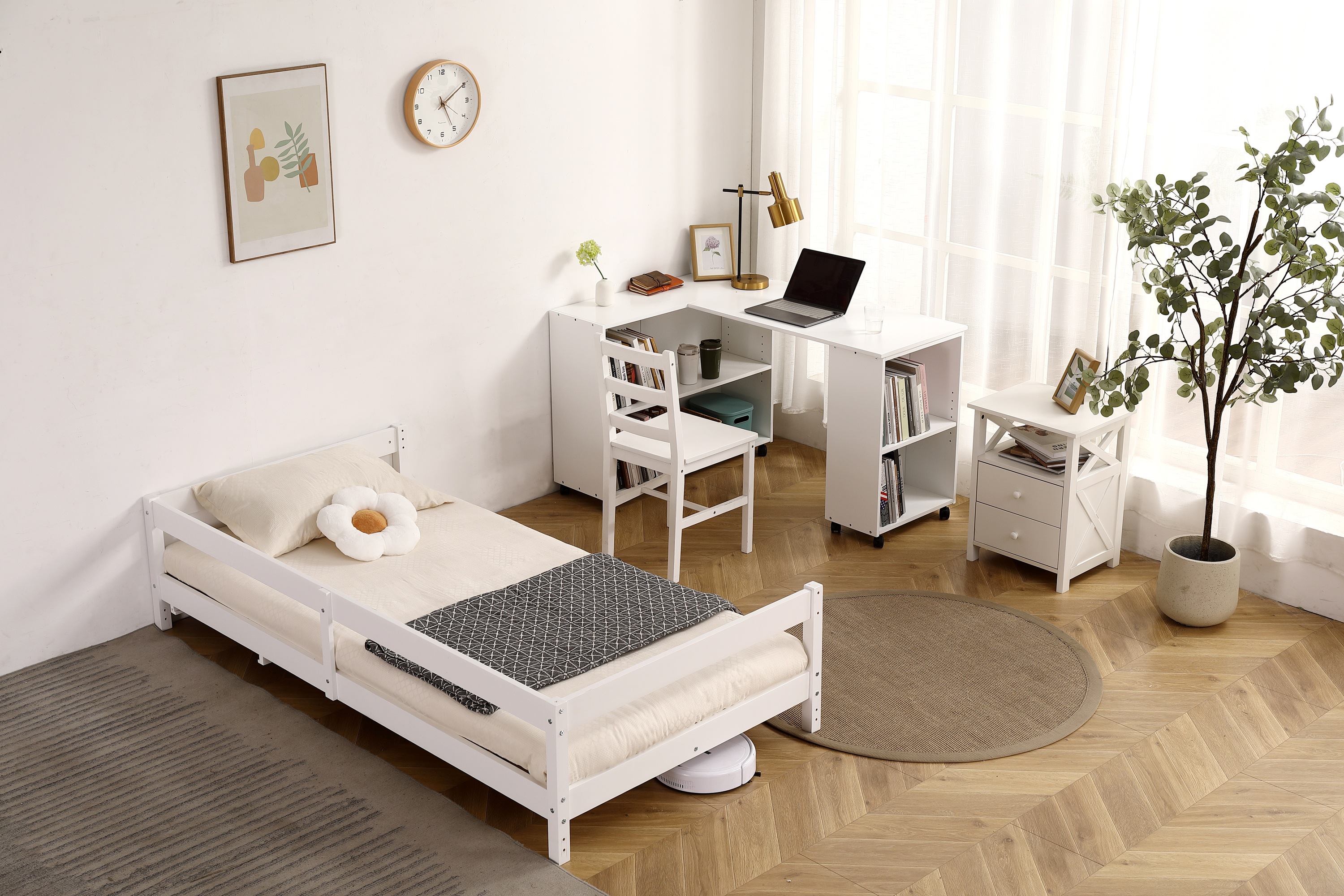 国内発送！【10cm厚さマットレス付き】システムベッド ロフトベッド 木製 シングル ベッド ロータイプ ベッド デスク 本棚 机付き 学習机 コンパクト 本棚付き 木製ベッド 天然木 収納 子供