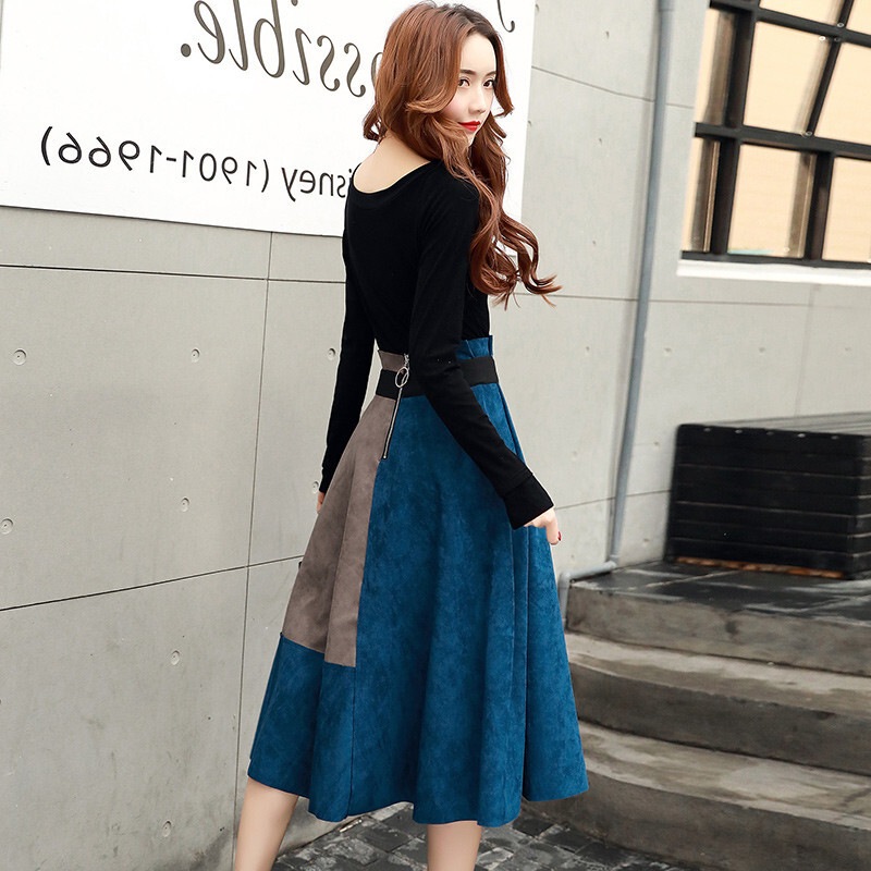 4色 ワンピース 長袖 秋冬 きれいめ aライン Aライン フレアワンピース ひざ丈 ミモレ丈 ミディアム丈 ミドル丈 ラウンドネック ボートネック スリム 細身 切り替えデザイン ドッキング ウエス