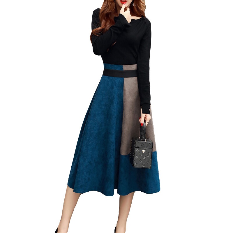 4色 ワンピース 長袖 秋冬 きれいめ aライン Aライン フレアワンピース ひざ丈 ミモレ丈 ミディアム丈 ミドル丈 ラウンドネック ボートネック スリム 細身 切り替えデザイン ドッキング ウエス