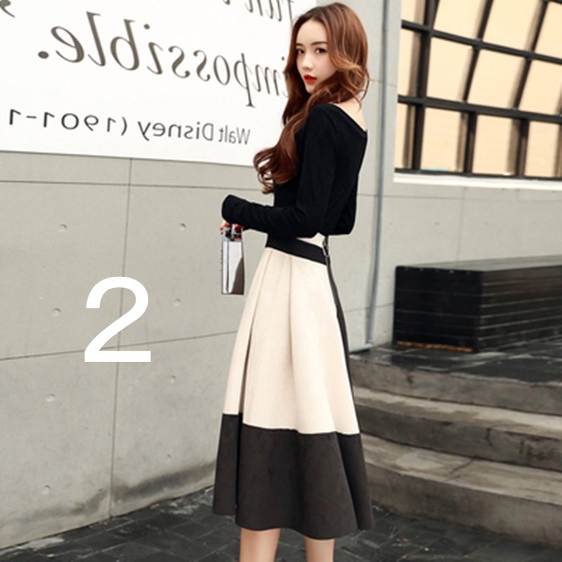 4色 ワンピース 長袖 秋冬 きれいめ aライン Aライン フレアワンピース ひざ丈 ミモレ丈 ミディアム丈 ミドル丈 ラウンドネック ボートネック スリム 細身 切り替えデザイン ドッキング ウエス