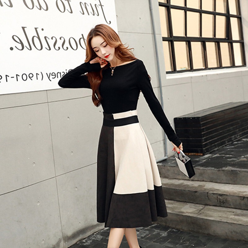 4色 ワンピース 長袖 秋冬 きれいめ aライン Aライン フレアワンピース ひざ丈 ミモレ丈 ミディアム丈 ミドル丈 ラウンドネック ボートネック スリム 細身 切り替えデザイン ドッキング ウエス