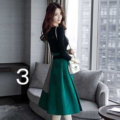 4色 ワンピース 長袖 秋冬 きれいめ aライン Aライン フレアワンピース ひざ丈 ミモレ丈 ミディアム丈 ミドル丈 ラウンドネック ボートネック スリム 細身 切り替えデザイン ドッキング ウエス