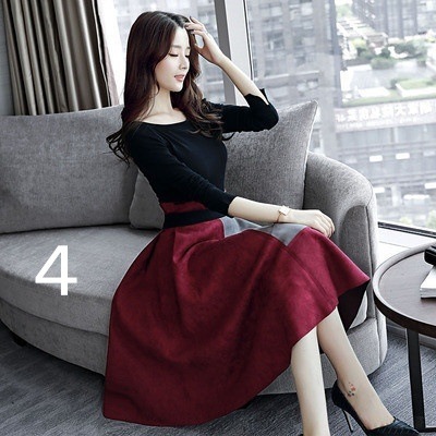 4色 ワンピース 長袖 秋冬 きれいめ aライン Aライン フレアワンピース ひざ丈 ミモレ丈 ミディアム丈 ミドル丈 ラウンドネック ボートネック スリム 細身 切り替えデザイン ドッキング ウエス