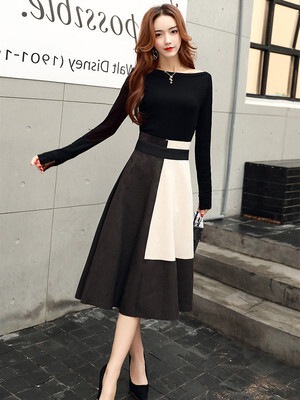 4色 ワンピース 長袖 秋冬 きれいめ aライン Aライン フレアワンピース ひざ丈 ミモレ丈 ミディアム丈 ミドル丈 ラウンドネック ボートネック スリム 細身 切り替えデザイン ドッキング ウエス