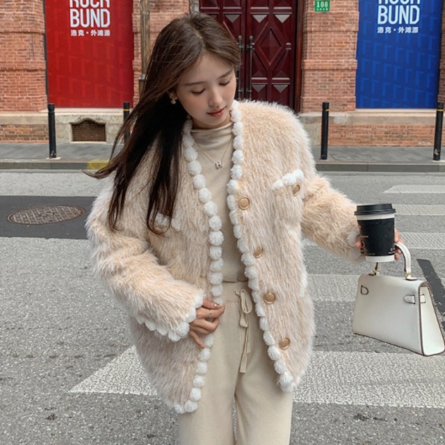 ファーポンポンコート Leur Getter ファーポンポン付きコート