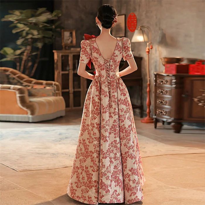 パーティードレス 高級感 ウェディングドレス 結婚式 二次会ドレス フォーマル 花嫁ドレス ブライダル おしゃれ 花柄 お花飾り きれいめ カラードレス 赤 ピアノ演奏会 発表会 パーティードレス ロ