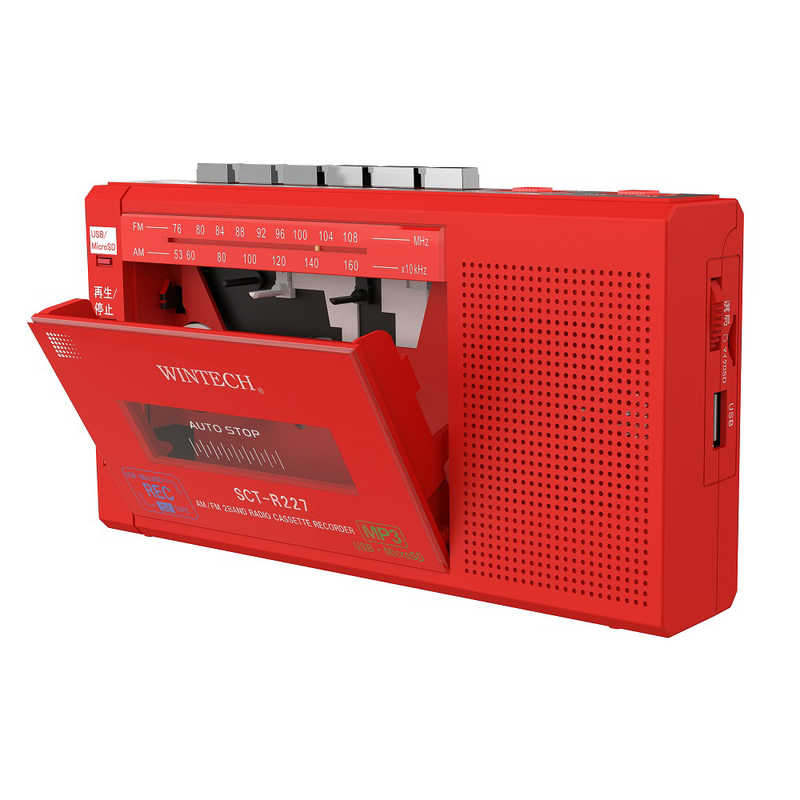 WINTECH　MicroSD/USB録音対応モノラルラジカセ [ワイドFM対応] レッド　SCT-R227RZ
