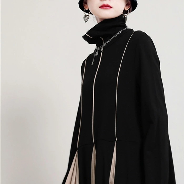 お洒落さん必見ワンピース 長袖 ロング 切替 プリーツ ロングワンピース レディース Aライン ハイネック モード タートルネック ゆったり 大きいサイズ 大人 おしゃれ 20代 30代 40代 春