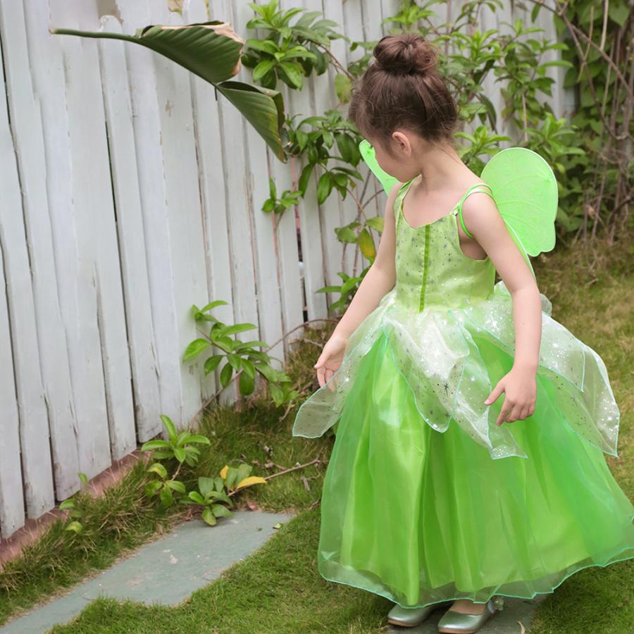 ２点で1oo円OFF！【激安SALE】2024新作先行発売ティンカーベル ドレス 子供 コスプレ 衣装 豪華８点 セット ( ドレス 妖精の羽 ティアラ ステッキ ネックレス イヤリング 指輪 腕輪