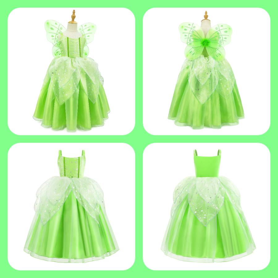 ２点で1oo円OFF！【激安SALE】2024新作先行発売ティンカーベル ドレス 子供 コスプレ 衣装 豪華８点 セット ( ドレス 妖精の羽 ティアラ ステッキ ネックレス イヤリング 指輪 腕輪