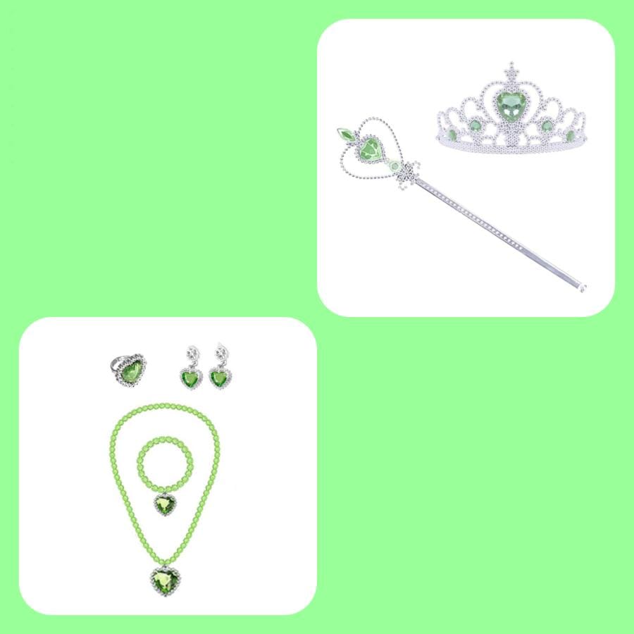 ２点で1oo円OFF！【激安SALE】2024新作先行発売ティンカーベル ドレス 子供 コスプレ 衣装 豪華８点 セット ( ドレス 妖精の羽 ティアラ ステッキ ネックレス イヤリング 指輪 腕輪