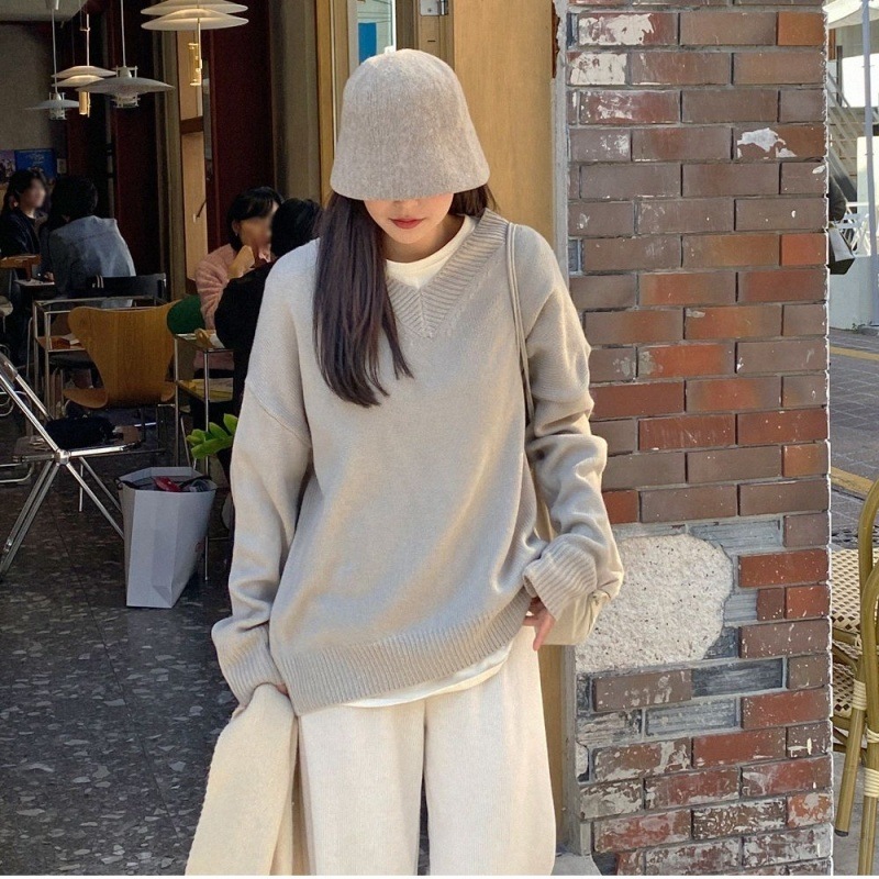 トップス ニットソー 袖あり 長袖 萌袖 Vネック 襟なし 伸縮性 ニット