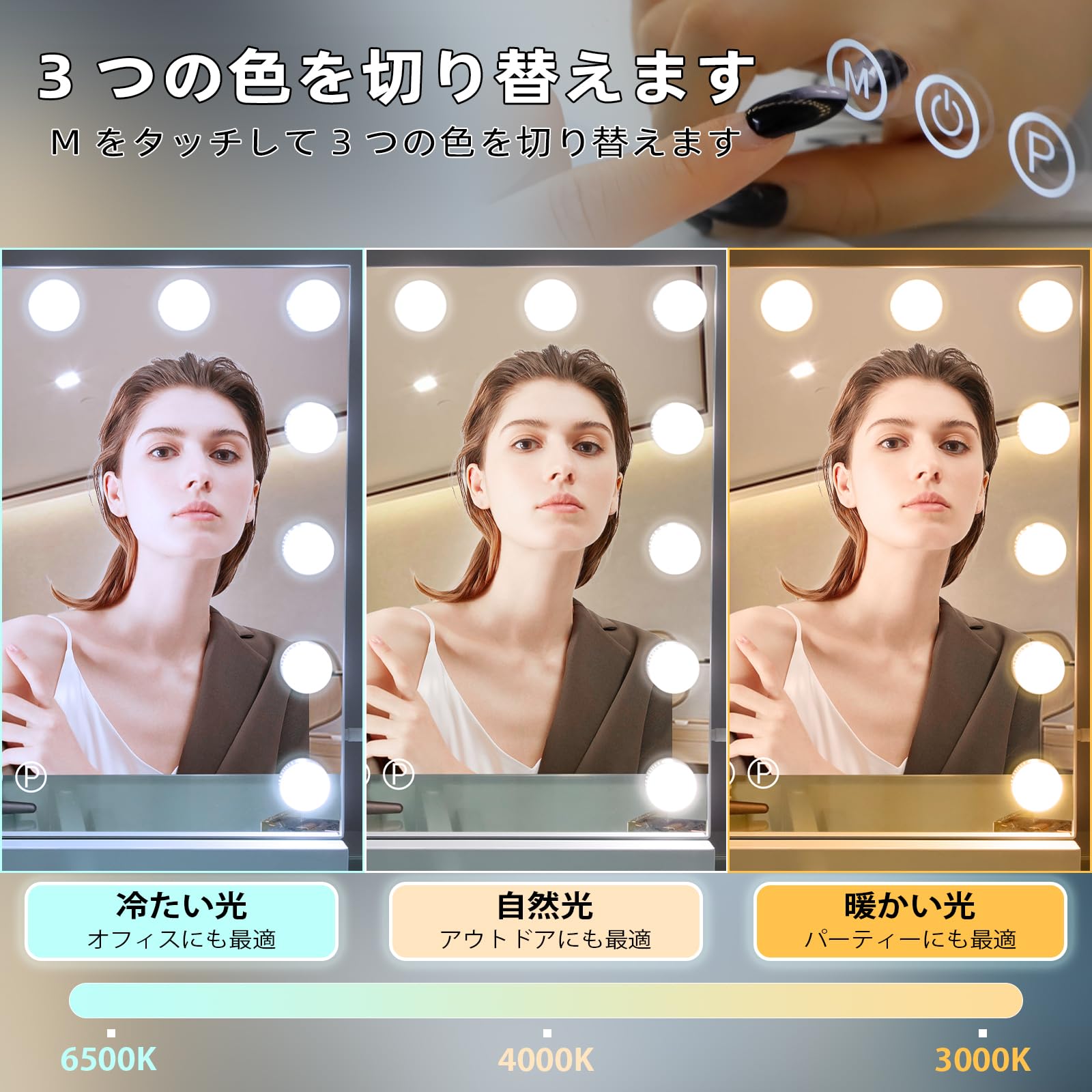 Hansong 女優ミラー ハリウッドミラー 化粧鏡 女優鏡 ライト付きミラー 鏡 大きい 卓上/壁掛け両用可能 3色ライトモード 明るさ調節でき 14個LED電球付き 10倍拡大鏡付き 50x40c