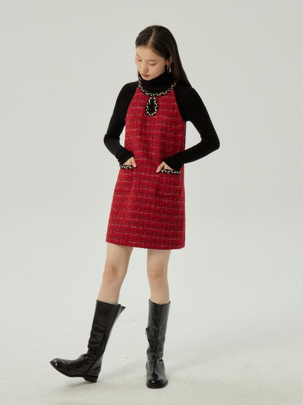 オーモントエッグタルトホームレトロホルターネックウォータードロップドレス冬新作ウエストスリムショートベストドレス