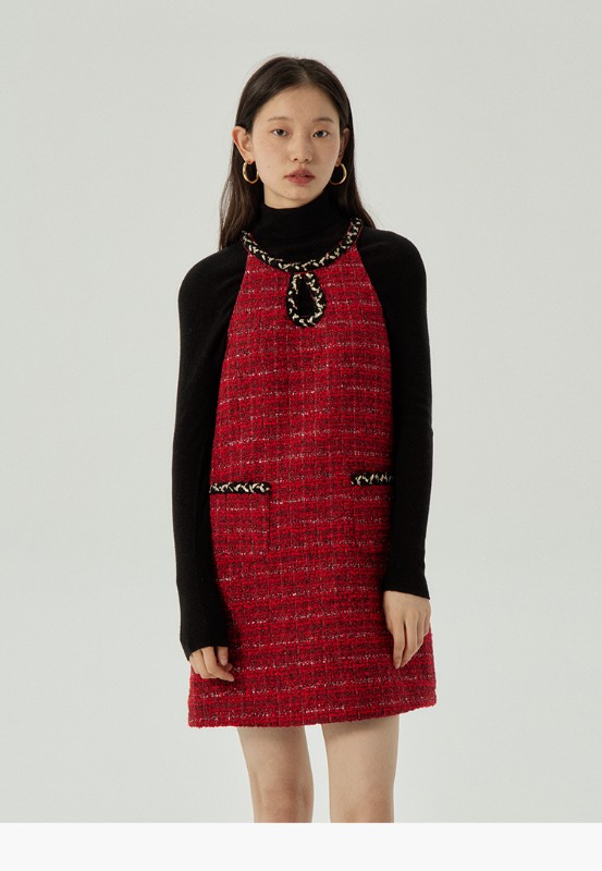 オーモントエッグタルトホームレトロホルターネックウォータードロップドレス冬新作ウエストスリムショートベストドレス