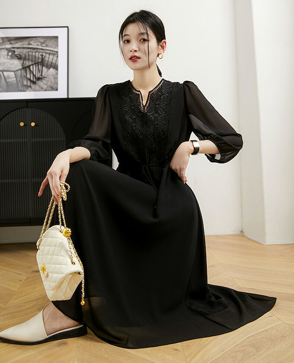 Qoo10] ロングワンピース レディース 長袖 刺繍