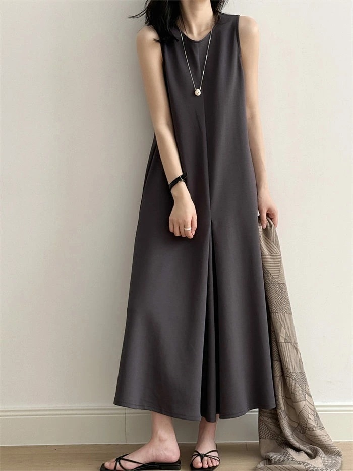 マキシワンピース レディース ノースリワンピ Aライン ノースリーブ ロング丈 ロングワンピース ロングワンピ ワンピ ドレス マキシ フレア クルーネック ポケット 無地 シンプル 上品