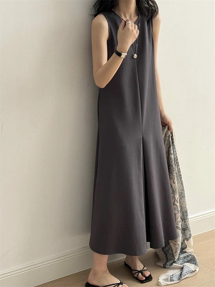 マキシワンピース レディース ノースリワンピ Aライン ノースリーブ ロング丈 ロングワンピース ロングワンピ ワンピ ドレス マキシ フレア クルーネック ポケット 無地 シンプル 上品