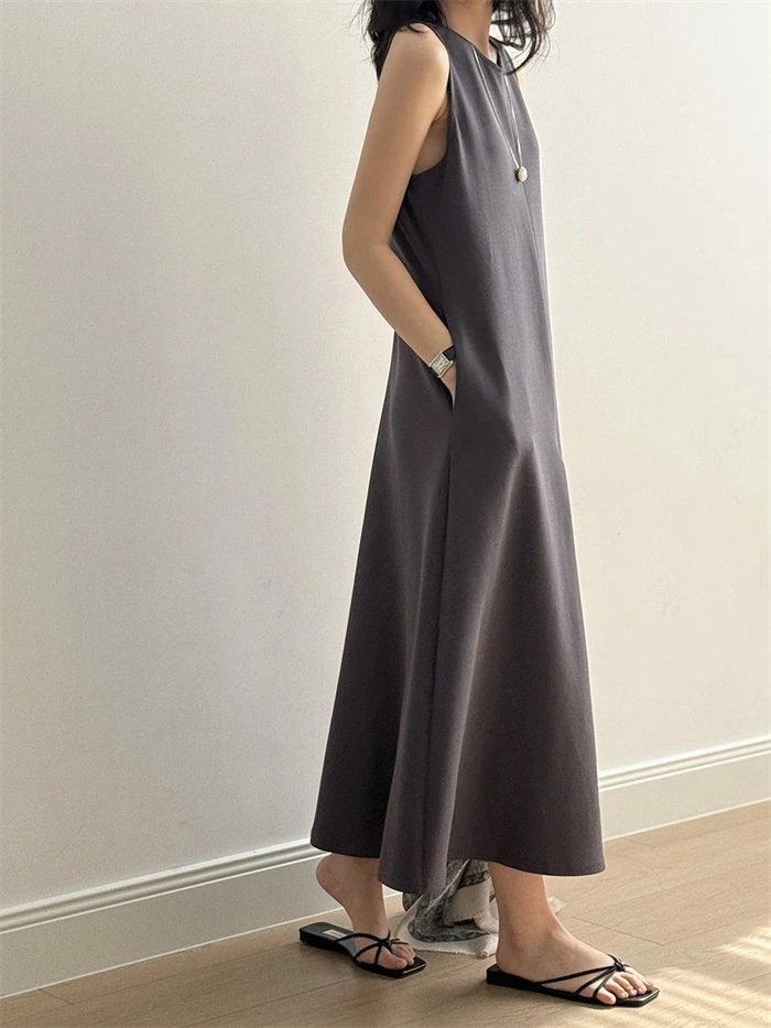 マキシワンピース レディース ノースリワンピ Aライン ノースリーブ ロング丈 ロングワンピース ロングワンピ ワンピ ドレス マキシ フレア クルーネック ポケット 無地 シンプル 上品