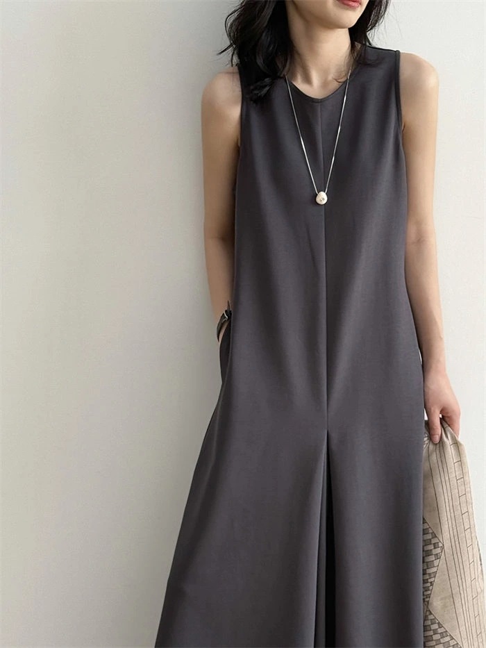 マキシワンピース レディース ノースリワンピ Aライン ノースリーブ ロング丈 ロングワンピース ロングワンピ ワンピ ドレス マキシ フレア クルーネック ポケット 無地 シンプル 上品