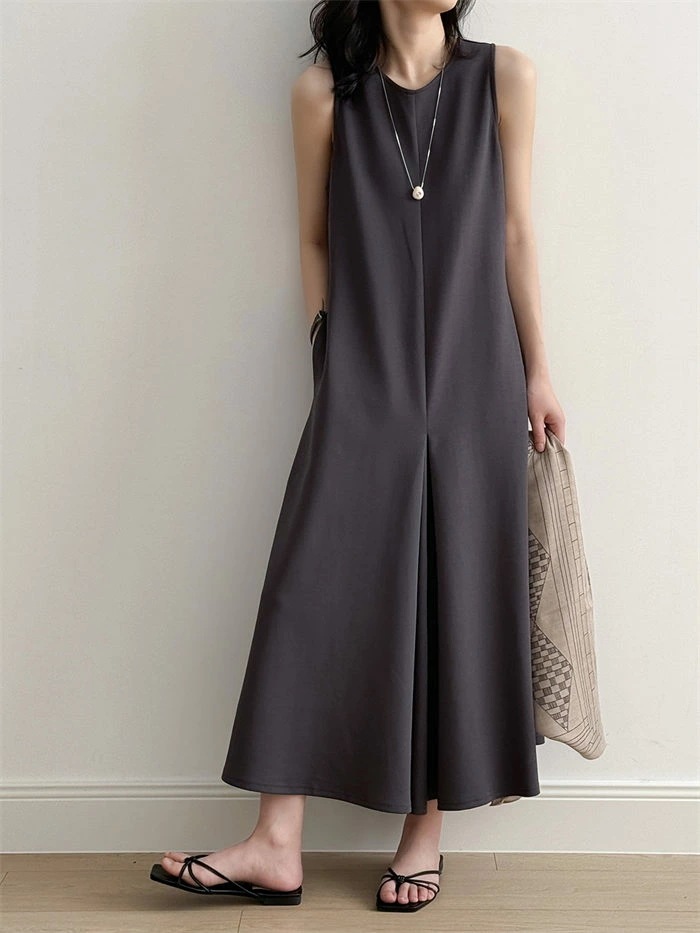 マキシワンピース レディース ノースリワンピ Aライン ノースリーブ ロング丈 ロングワンピース ロングワンピ ワンピ ドレス マキシ フレア クルーネック ポケット 無地 シンプル 上品