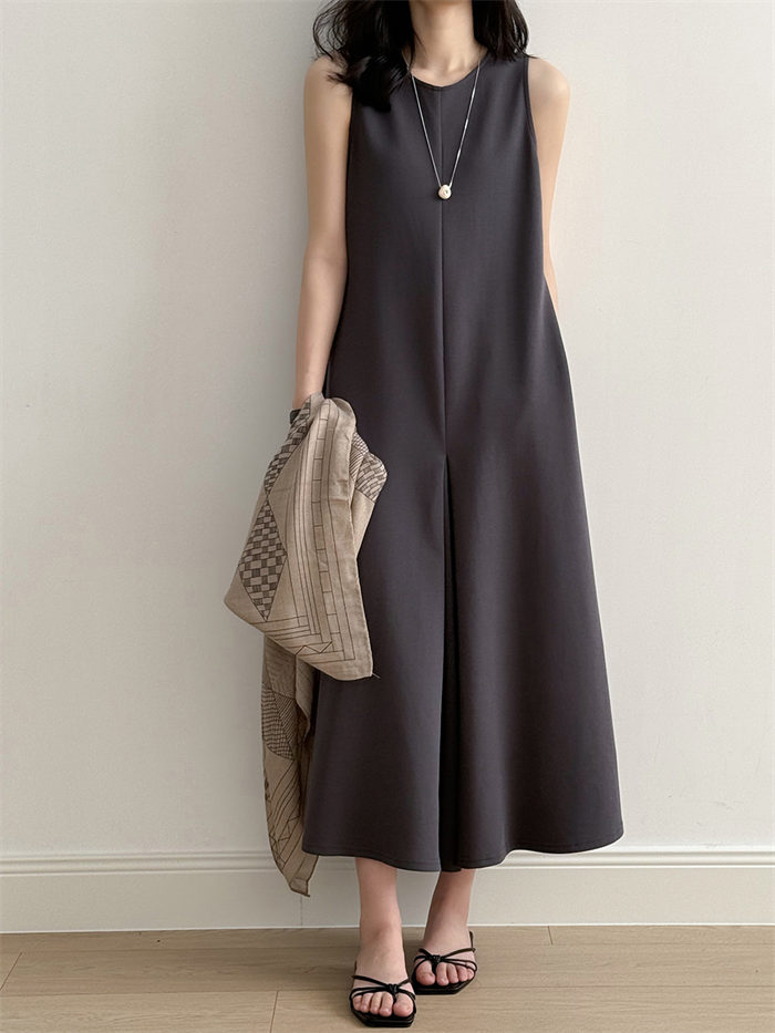 マキシワンピース レディース ノースリワンピ Aライン ノースリーブ ロング丈 ロングワンピース ロングワンピ ワンピ ドレス マキシ フレア クルーネック ポケット 無地 シンプル 上品