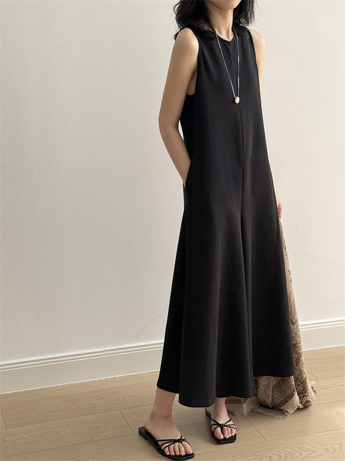 マキシワンピース レディース ノースリワンピ Aライン ノースリーブ ロング丈 ロングワンピース ロングワンピ ワンピ ドレス マキシ フレア クルーネック ポケット 無地 シンプル 上品