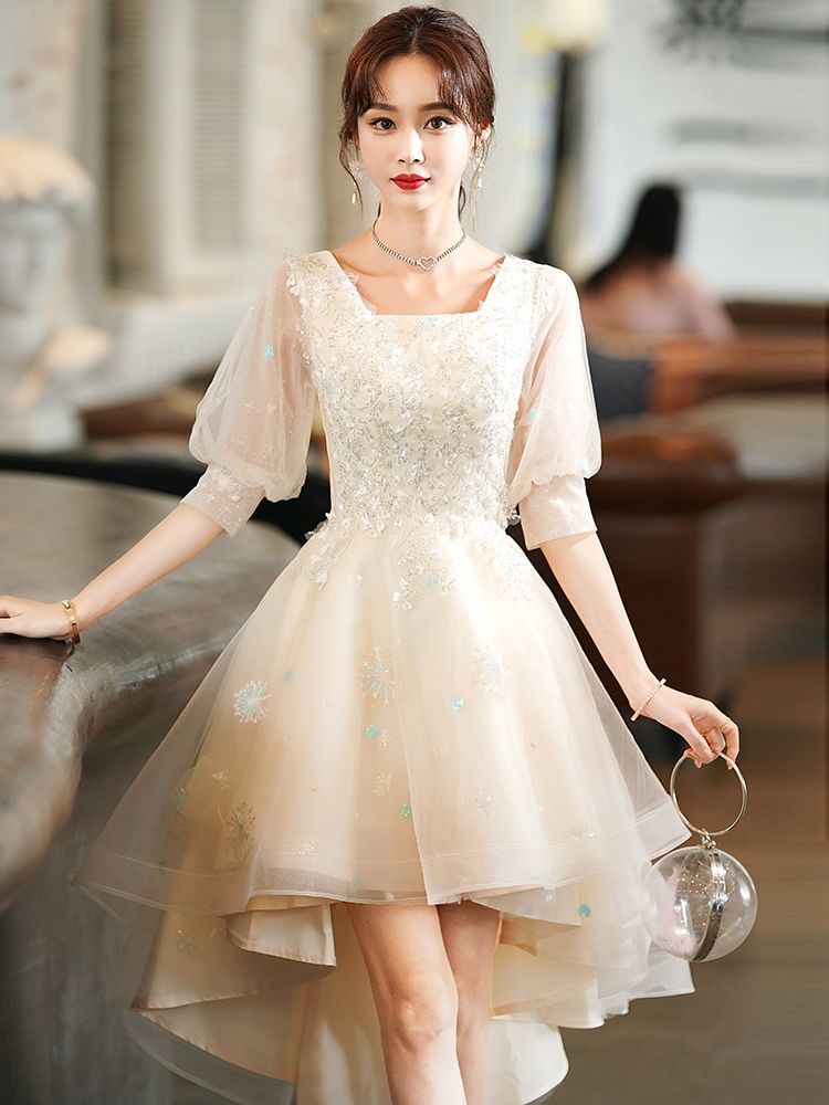 アート候補イブニングドレス女性2025気質ハイエンドホストスカート前が短く後ろが長い