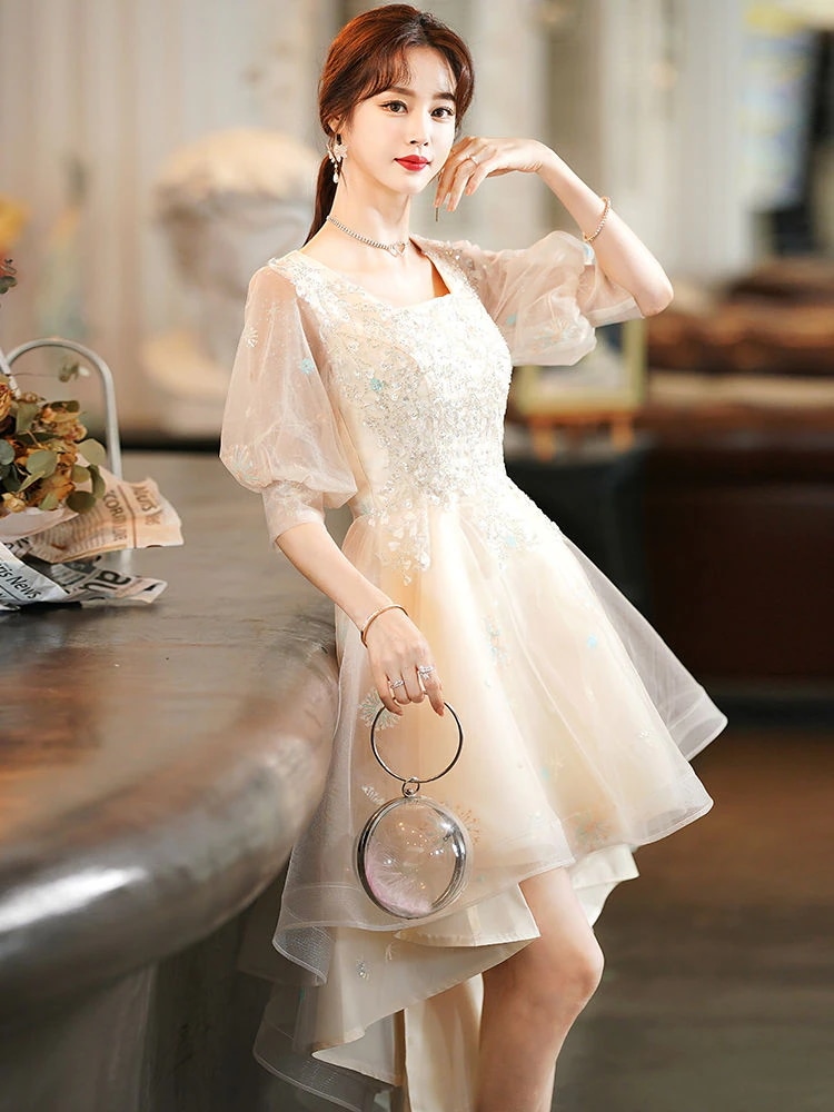 アート候補イブニングドレス女性2025気質ハイエンドホストスカート前が短く後ろが長い