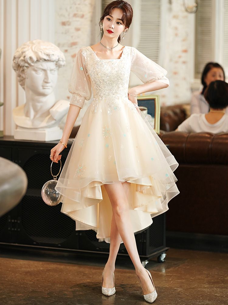 アート候補イブニングドレス女性2025気質ハイエンドホストスカート前が短く後ろが長い