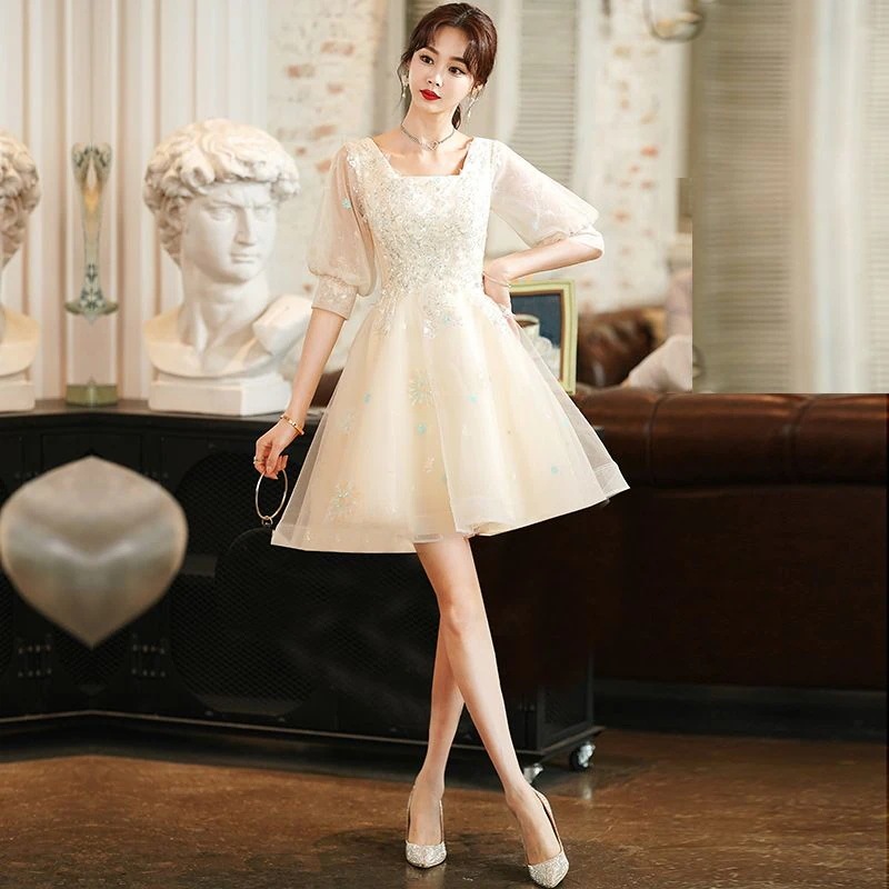 アート候補イブニングドレス女性2025気質ハイエンドホストスカート前が短く後ろが長い