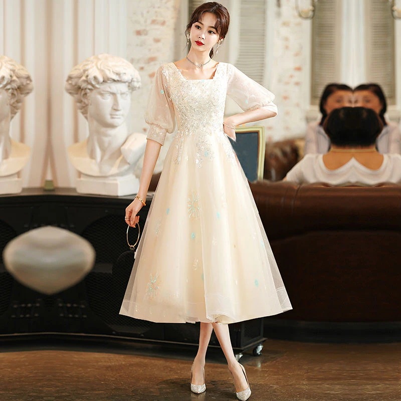 アート候補イブニングドレス女性2025気質ハイエンドホストスカート前が短く後ろが長い