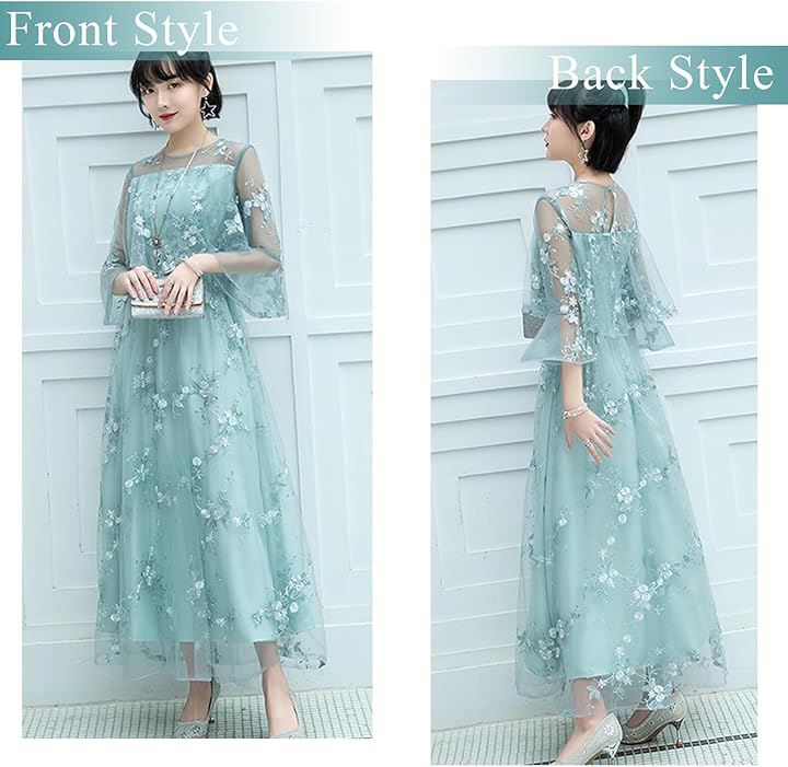 結婚式 ドレス ロング 個性的 Aライン レース 刺繍 ワンピース( アクアブルー, 3XL)