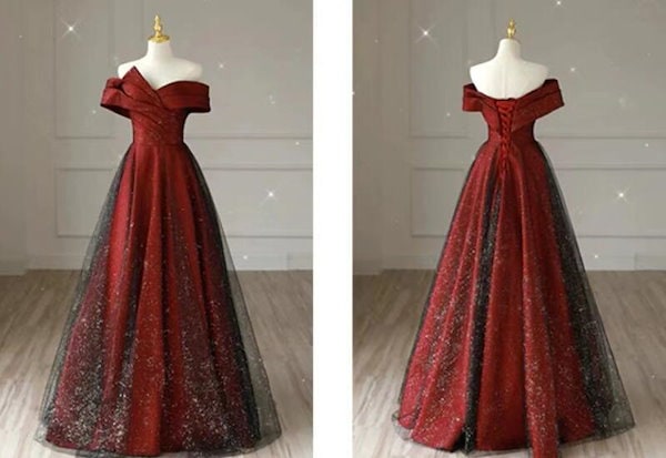 Qoo10] イブニングドレス ワイン赤 オフショルダ