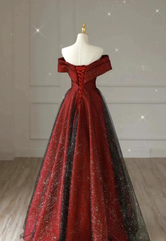 ウエストのデザインが可愛いイブニングドレス♩.• Qoo10] イブニングドレス ワイン赤 オフショルダ