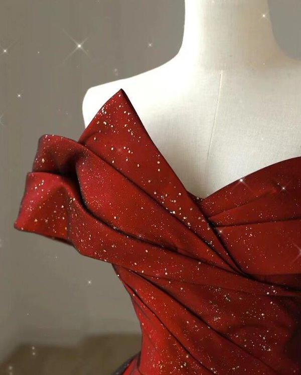 Qoo10] イブニングドレス ワイン赤 オフショルダ