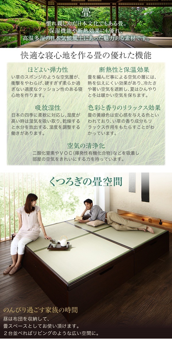[組立設置料込み]日本製 大容量収納 ガス圧式跳ね上げ 畳ベッド 涼香 リョウカ 国産畳 シングル 深さグランド [フレーム色]ダークブラウン