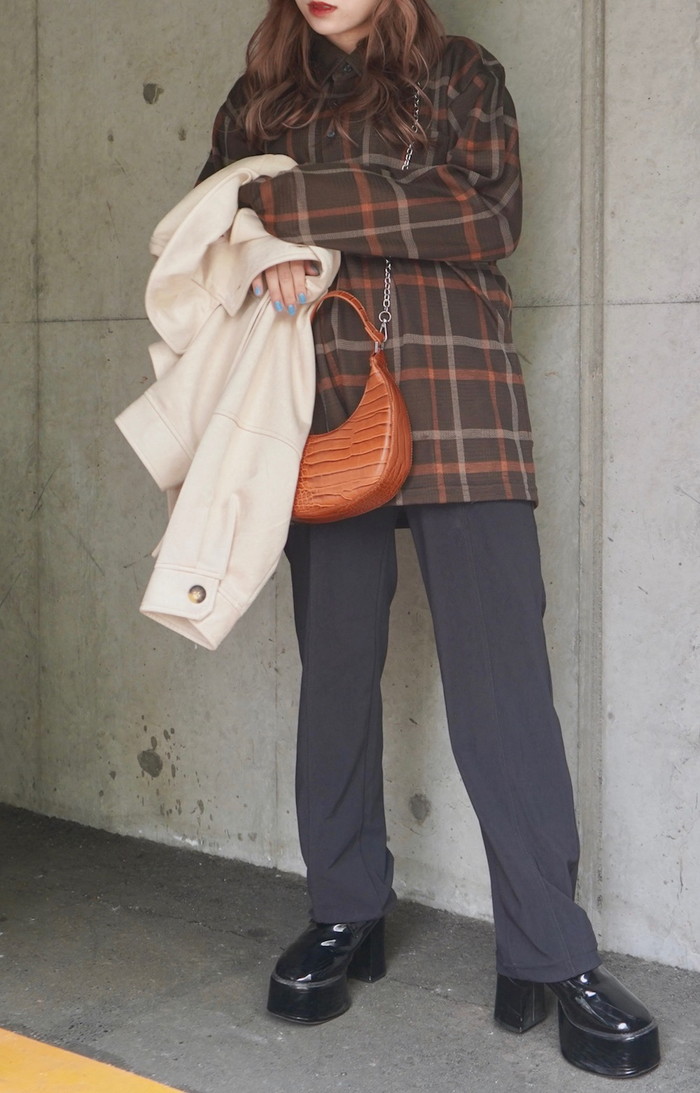 Oversized Check L/S Polo Shirts (brown) A.D.G レディース トップス Oversized Check L/S Polo Shirts (brown) A.D.G レディース トップス